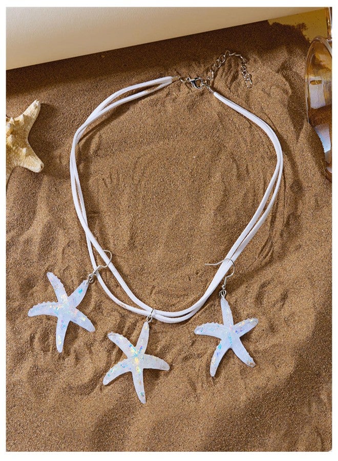 WFik Summer White Rope Chain Starfish Pendant Necklace Earrings Sets Bikini Multi-layered Clavicle Chain Necklace Crystal Big Starfish Earrings for Women (White) - Image 3